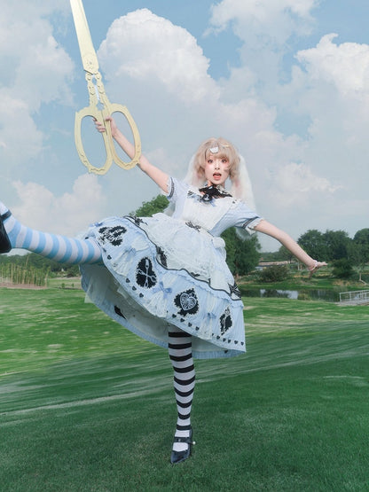 Alice in Wonderland Theme Lolita OP Dress Set with Apron & Rabbit Ear Collar Accessory - Circular chronology Lolita