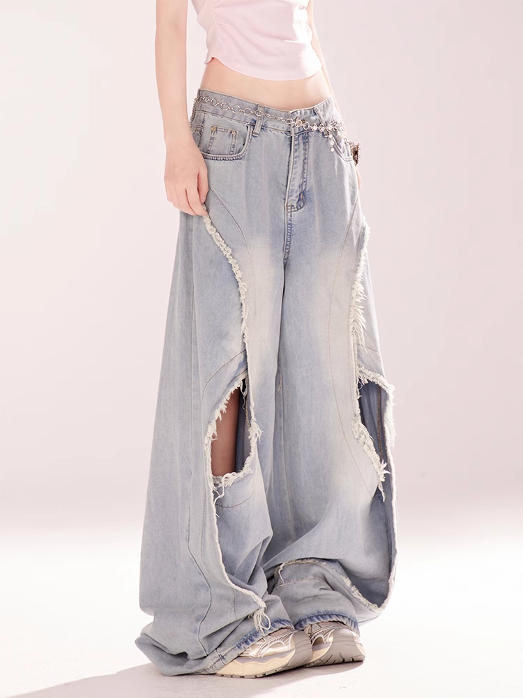 Blue Low Rise Distressed Hole Vintage Wide-leg Jeans Raw Hem