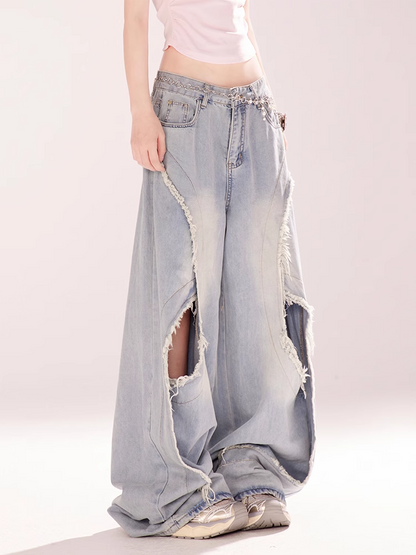 Blue Low Rise Distressed Hole Vintage Wide-leg Jeans Raw Hem