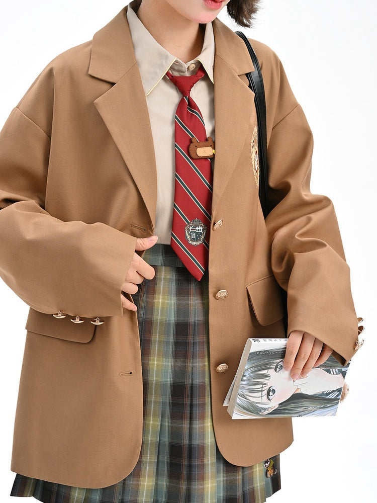 ブラウンのプレッピーファッションバッジブレザー刺繍JKユニフォームヴィンテージミラード