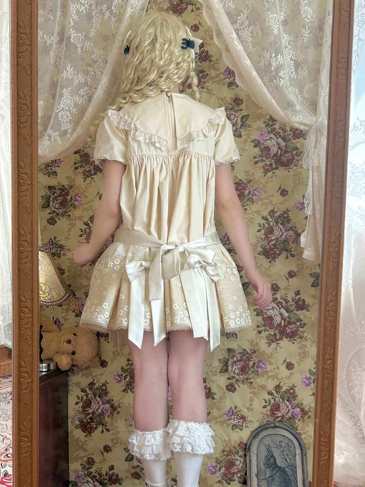 Sweet Beige Crew Neck Short Sleeve Lolita Dress Bow Accents - New Tea