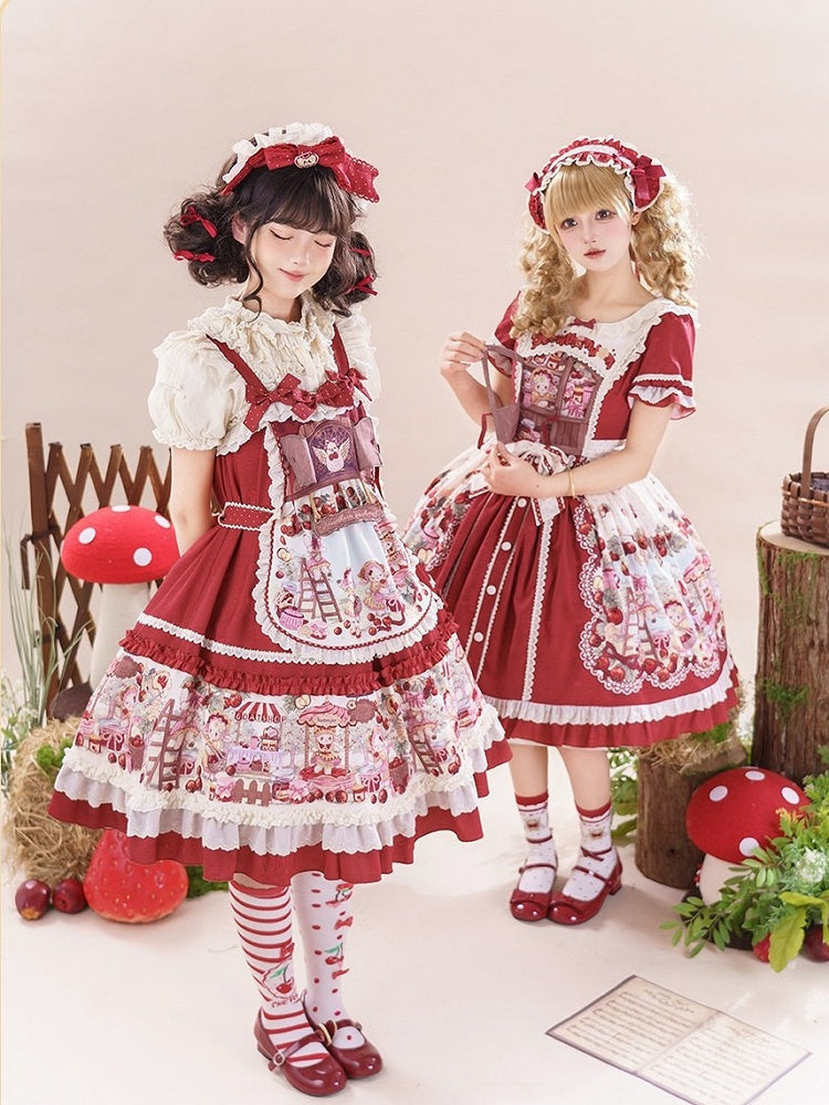 Sweet Red Lolita Jumper Dress with Fruity Print and Lace Trim - Honey Machine