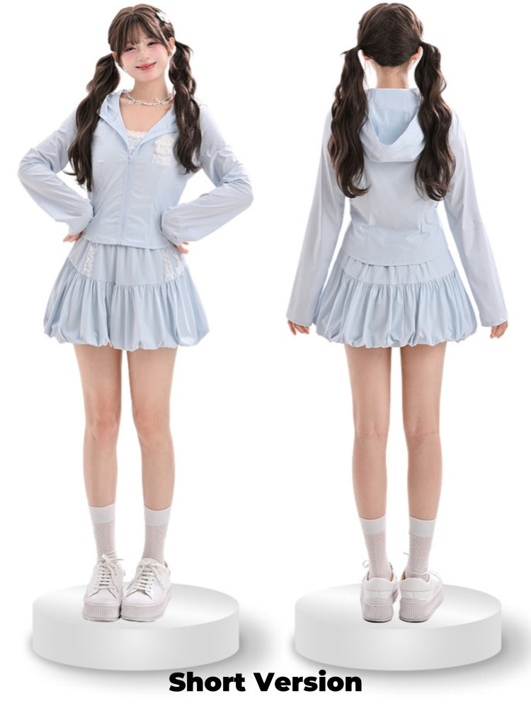 ショート/ロングジャケット ライトブルー ラムプリント サンプロテクション フード付きバージョン