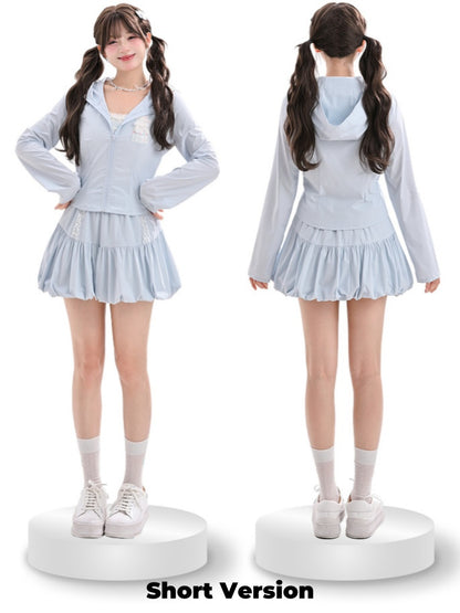 ショート/ロングジャケット ライトブルー ラムプリント サンプロテクション フード付きバージョン