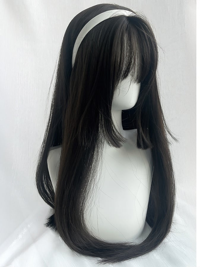 ブラウン/ブラック ロングストレート 姫カット 合成ウィッグ 前髪付き