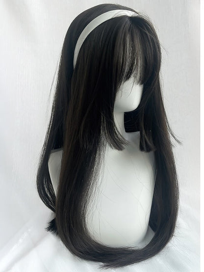 ブラウン/ブラック ロングストレート 姫カット 合成ウィッグ 前髪付き