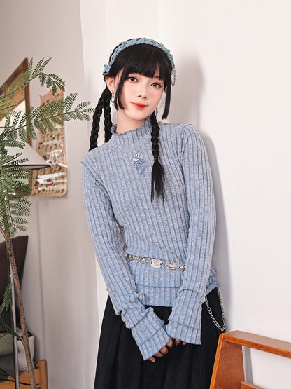 Camellia Blue Double-Layer Top Fitted Cheongsam with Hem Oriole Embroidery