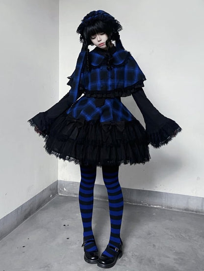 Blue Plaid Pattern Rounded Flat Collar Cape