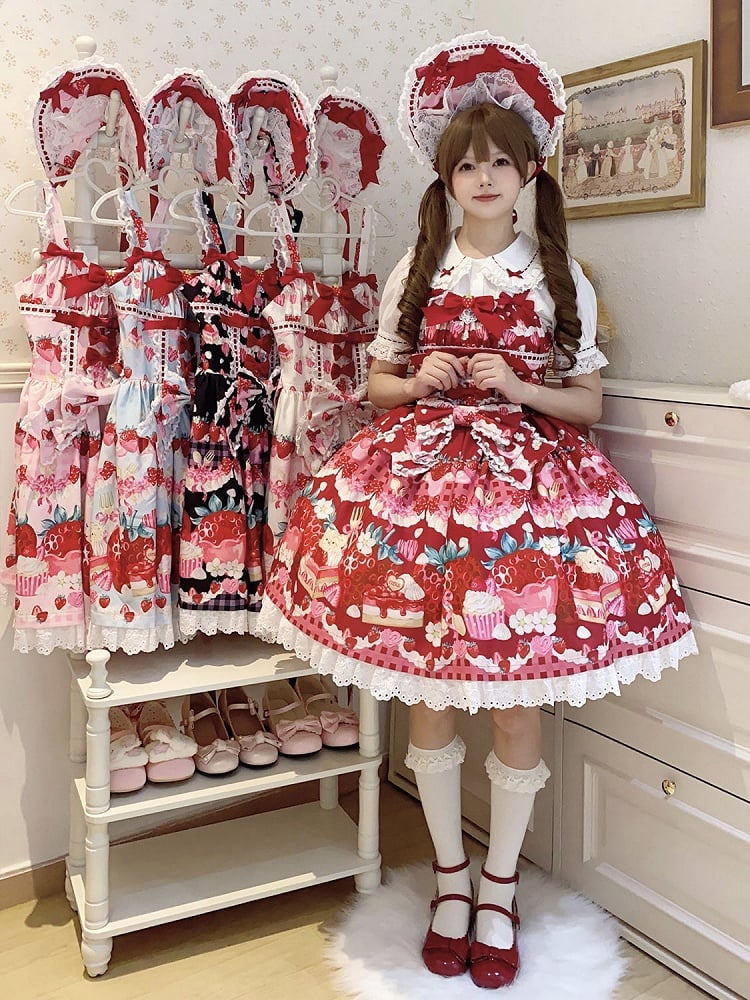 Lolita Dessertkleid mit süßem Erdbeer-Print in Rot