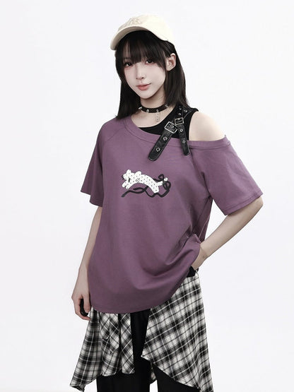 Dusty Purple Off-Shoulder Tee with Leopard Print and Buckle Accent - PINK SAVIOR
