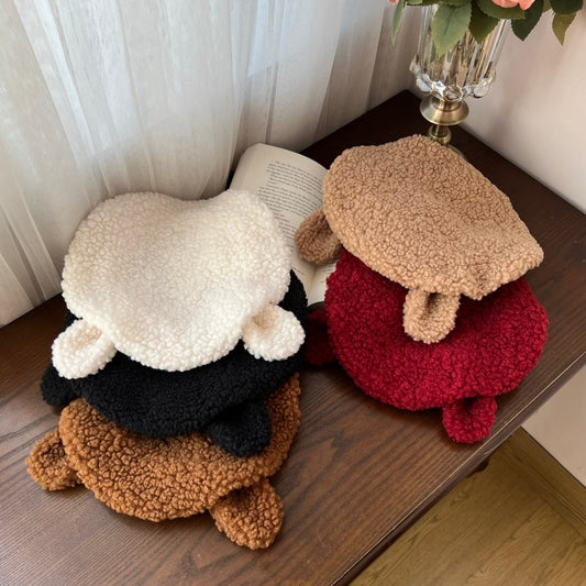 ホワイト/ブラック/レッド/ブラウンのフリース動物耳冬用ベレー帽