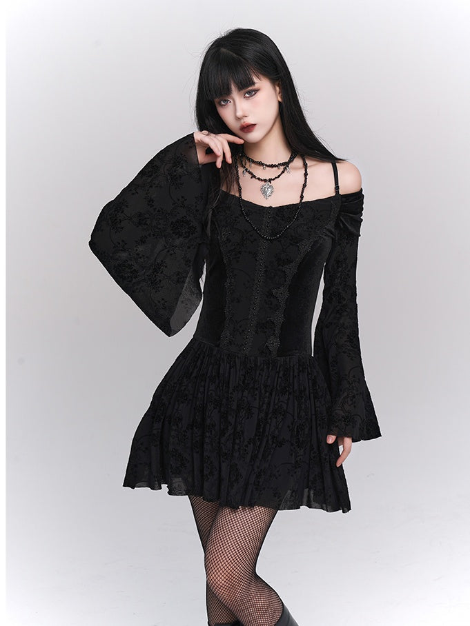 Black Velvet Off-Shoulder Bell-Sleeve Dress with Lace Trim - Lady Ghost