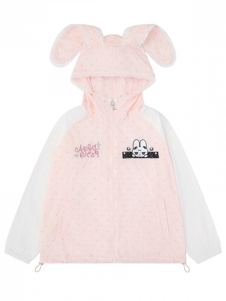 Cute Pink Bunny-Ear Hooded Sun Coat with Polka Dots