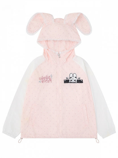Cute Pink Bunny-Ear Hooded Sun Coat with Polka Dots