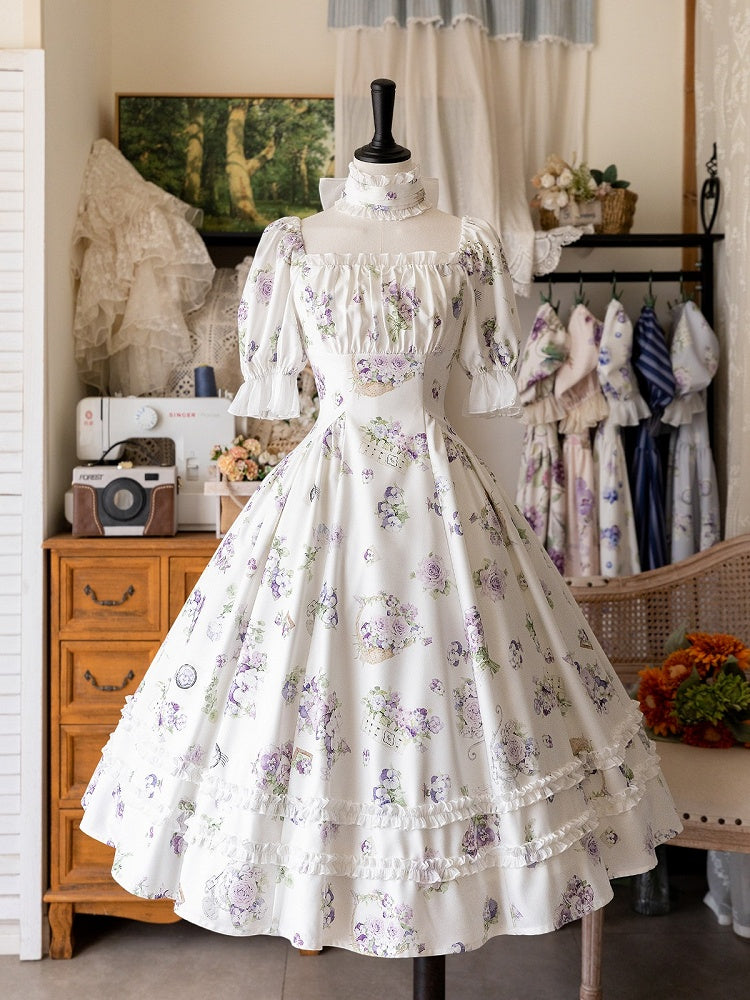 White Floral Puff-Sleeve One-Piece Lolita Dress - Forest Wardrobe