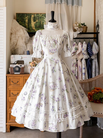 White Floral Puff-Sleeve One-Piece Lolita Dress - Forest Wardrobe