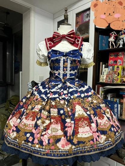 Lolita and Print Dress Details Sweet Bow Lace JSK Cake Blue Bear with Trim Dark