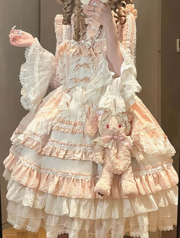 Accents Layered Light Hime Sleeves Ruffle Pink White Dress Lolita Bow with Bell