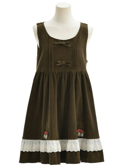 Green Mori Kei Bowknot Details Corduroy Overall Dress