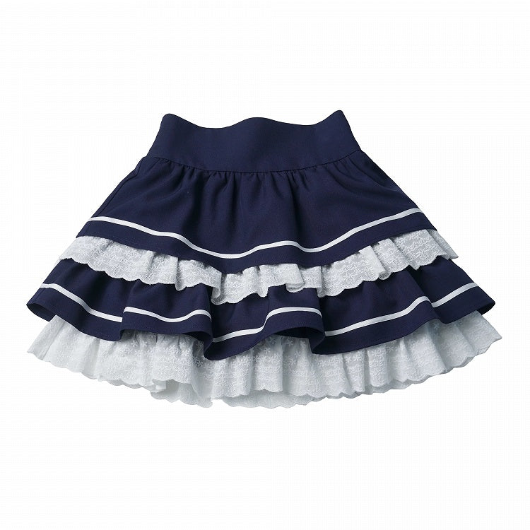 Navy Preppy Tiered Ruffle Skirt with Lace Embellishment - PINK SAVIOR