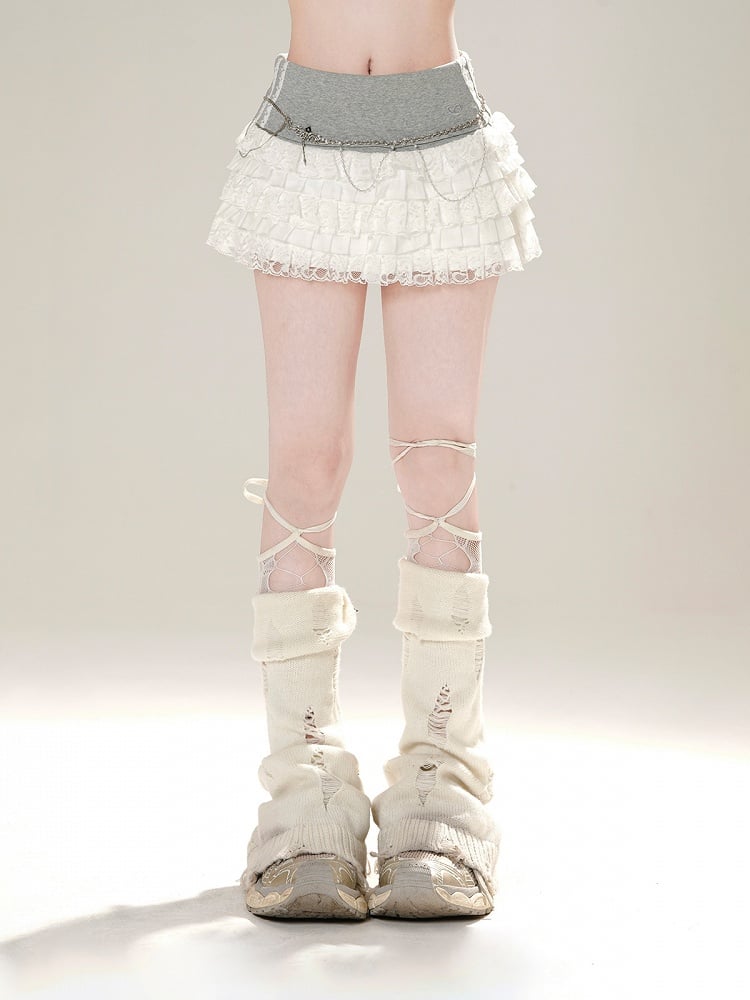 White Elastic Waist Lace Trim Mini Tiered Pleated Skirt and Gray