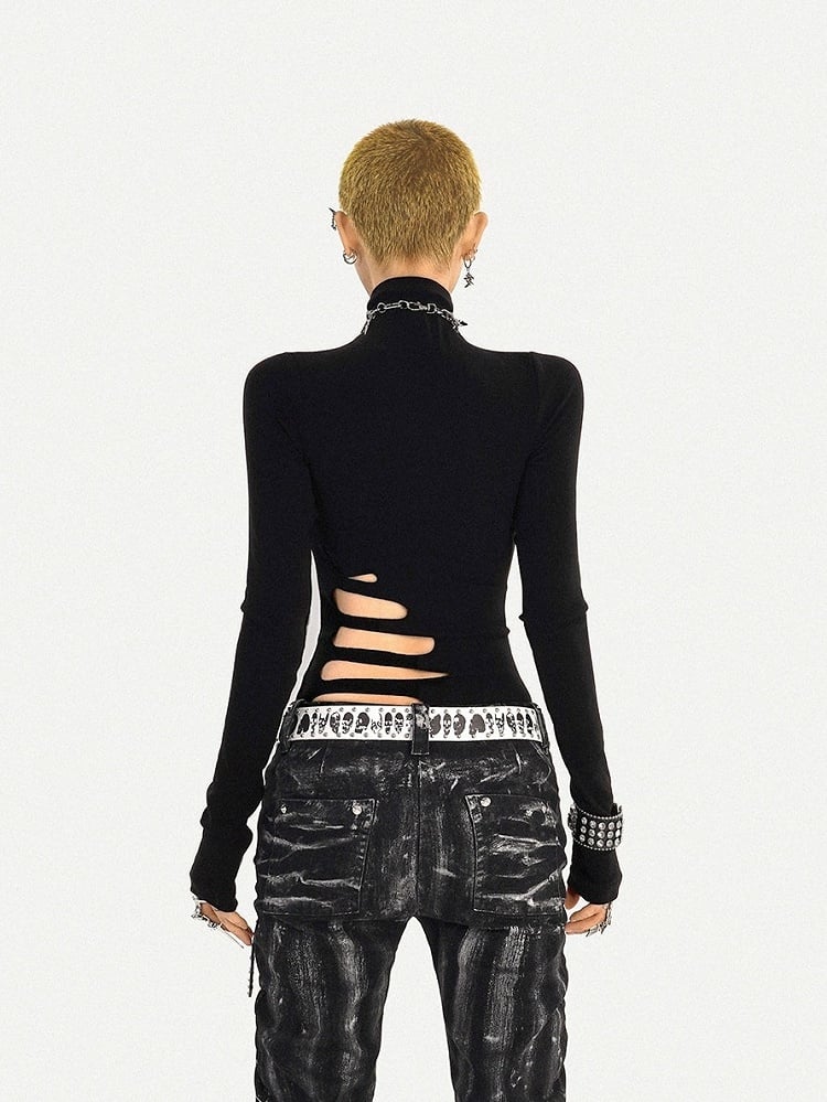 Cut-Out Design Black High Neck Minimalist Long Sleeve Top