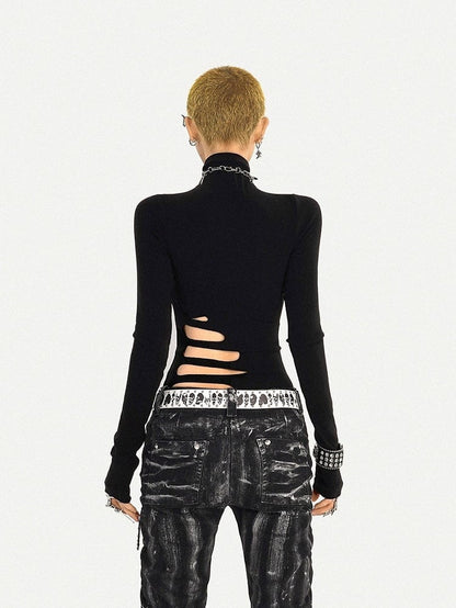 Cut-Out Design Black High Neck Minimalist Long Sleeve Top