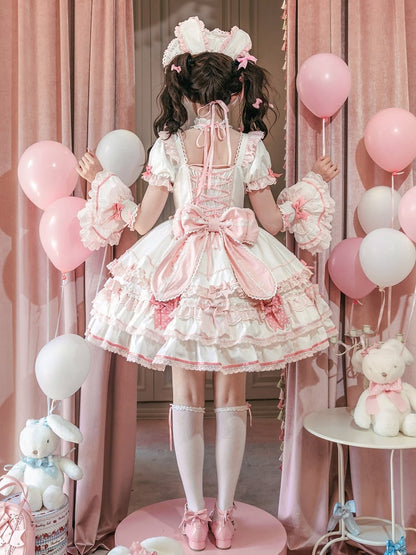 Rüschen Einteiler Rosa Weiß Süßes Prinzessinnen- und Schleifenkleid Thema Lolita Bunny Akzente