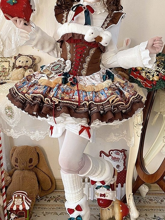 Brown Layered Boned Vibes Decorations Dress with Christmas Bow Lolita Waist Sweet Corset