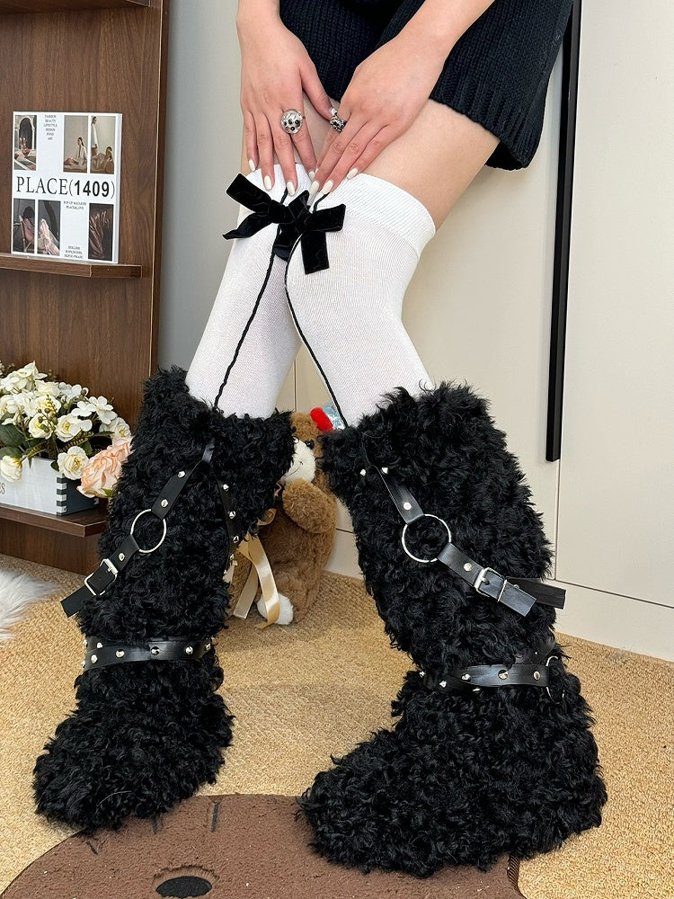 Punk Strap Warmers Plush Rivet Curly 25CM/40CM Leg Black/White/Brown