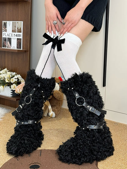 Punk Strap Warmers Plush Rivet Curly 25CM/40CM Leg Black/White/Brown