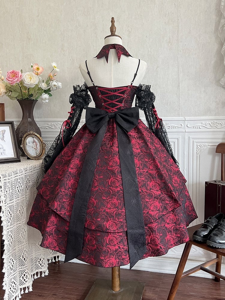 Robe Lolita JSK à manches et col en tissu rosette gothique noir et rouge