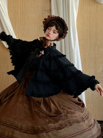 Black Collar Cape Banded Ruffled Lolita with Trims