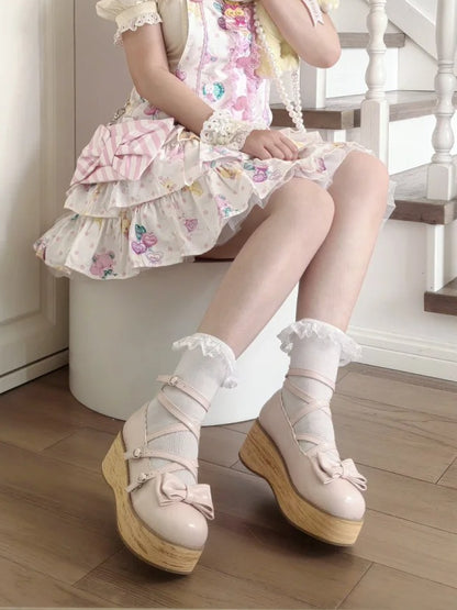 Design Round Accents Crisscross Pink Light Sweet Platforms Toe Bow PU -