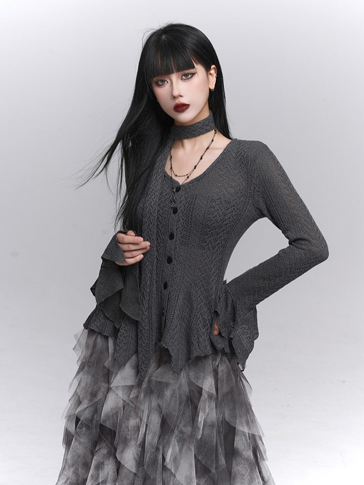 Hem Gray Knit Irregular Strap Gothic Sleeve Button-Down Cardigan with Neck