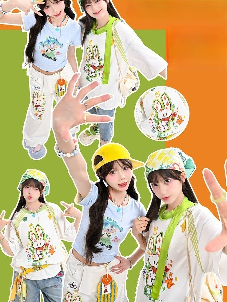 Tシャツ ホワイト ラウンドネック ゆったり 漫画 ウサギ プリント