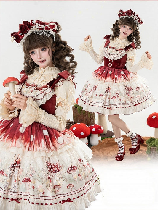 Red Velvet Mushroom Print JSK Dress with Heart Accent - Honey Machine