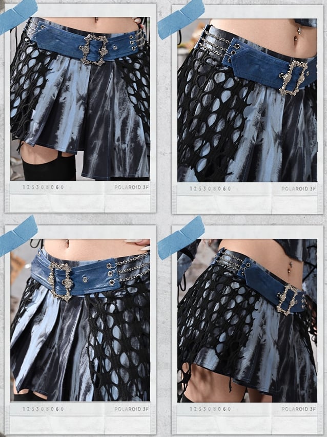 Grunge Punk Rock Fee Blau Asymmetrischer Saum Tie Dye Faltenrock mit Gratis Kettengürtel