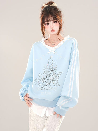 Grey/Blue Lampstand Print Ruffle Trim V-neck Sweatshirt