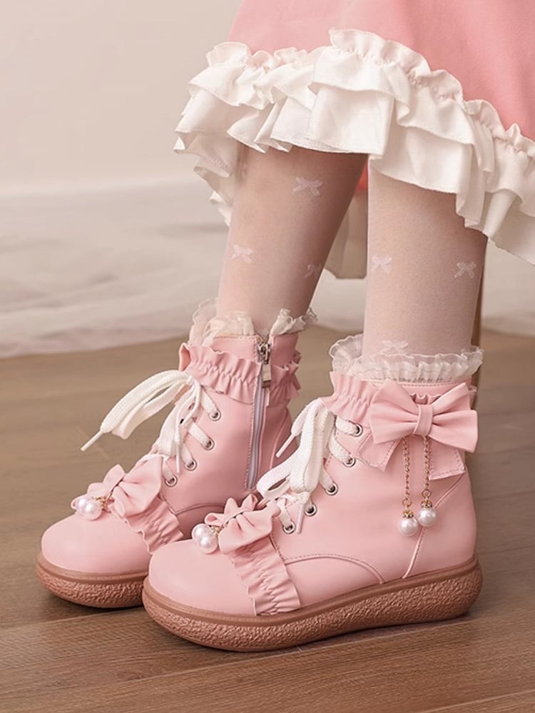 Lace Ruffles Boots Regular/Thicken Pink Cuff Trim Version Lolita - with Top Bow