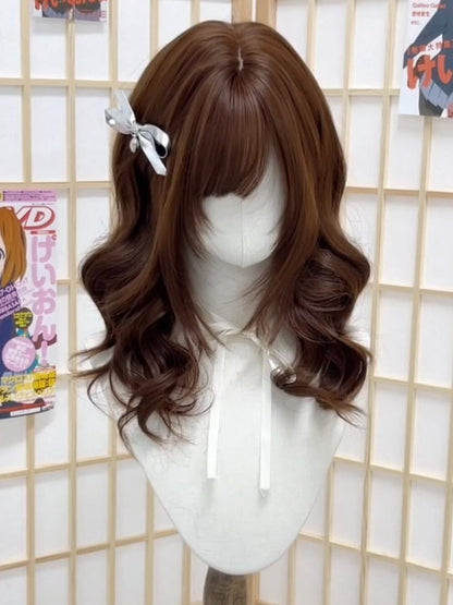Chocolate Brown 55cm Wavy Curly Wig with Side Bangs - Hui Ran