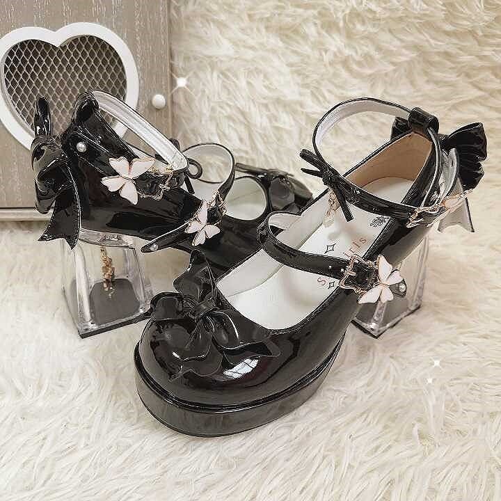 Decor Butterfly with High Rhinestone Black Platform Lolita Details Hime Heels