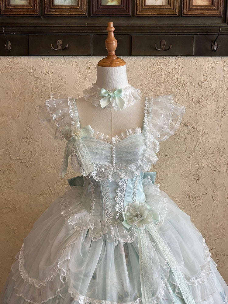 Mint Green Lily Print Lolita JSK Gown with Tulle Overlay and Back Bow Set - White Sugar Girl