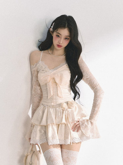 ショルダーアプリコットVネックカットアウトビッグボウフロントトップ