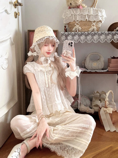 Blouse With Embroidered Trim White Dollcore Floral Bow Ruffle