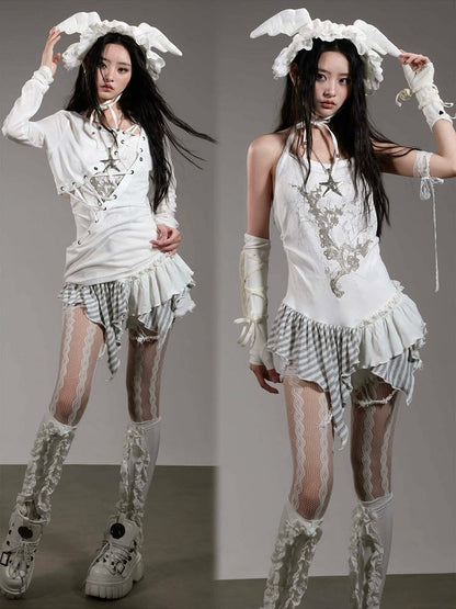 White Halter Top with Printed Pattern & Asymmetrical Hem - Blazed Field