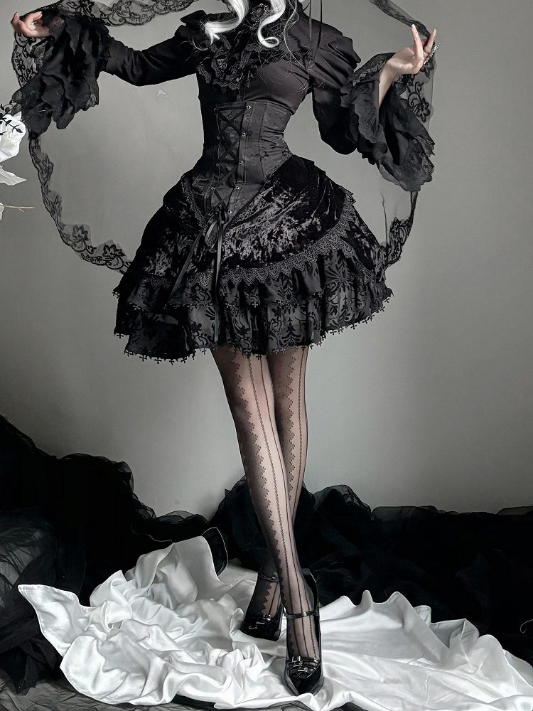 Long Sleeves Shirt Gothic High Boned Black Set All Lolita - Bell + Full Tie Mini Hat Jabot Skirt Waist