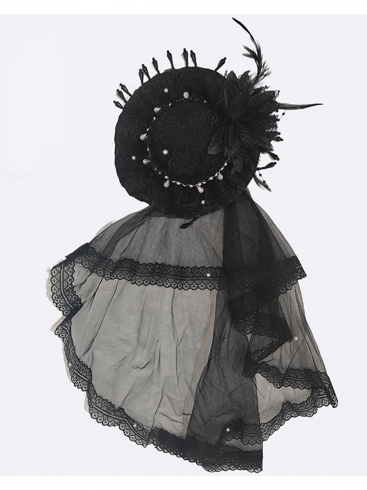 Feathered Lace Mini Hat with Veil for Gothic Lolita