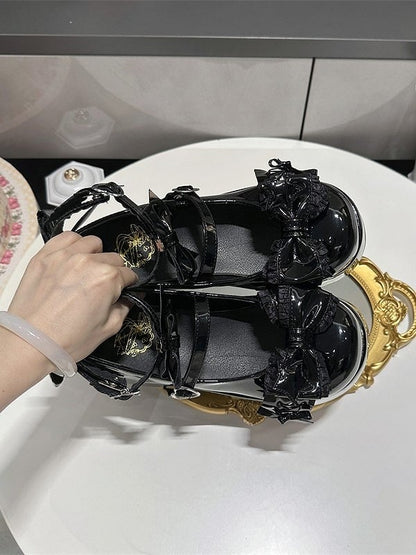 Round-Toe Platform Shoes PU Details with Black Sweet Snap Heart-Shaped Lolita Bowknot
