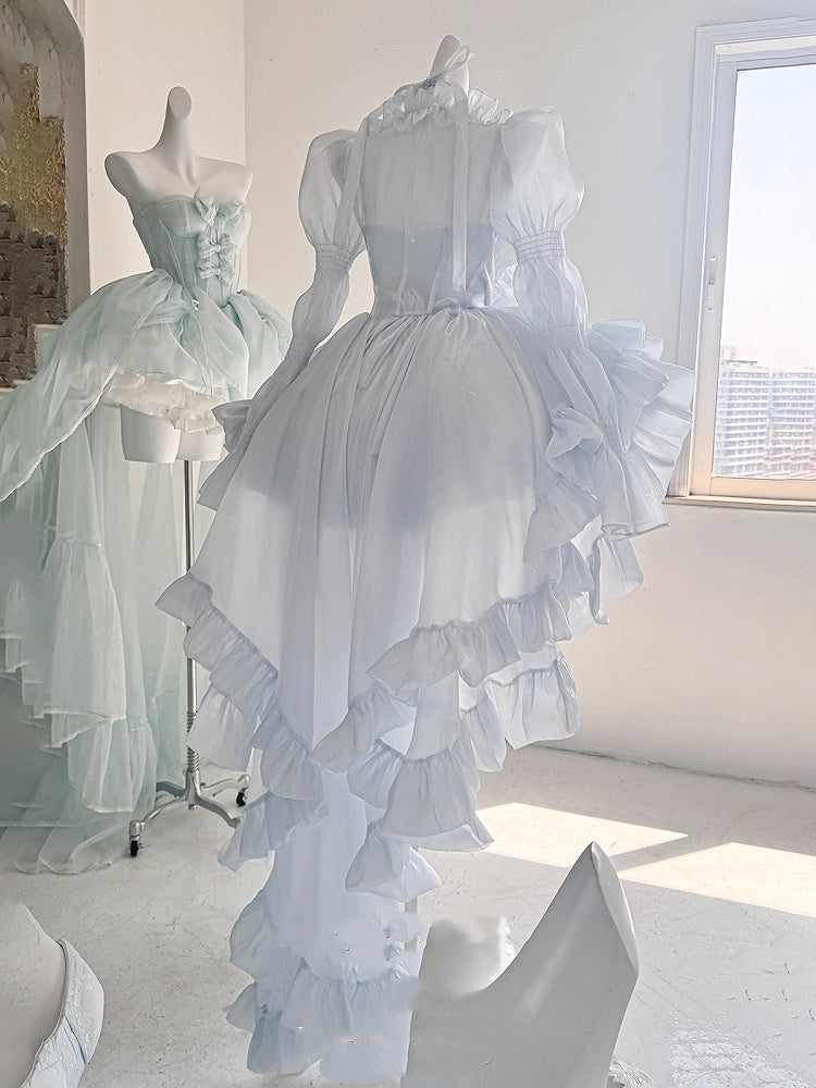 フリル付きロング丈トップス、袖はシアー、裾はカスケーディングヘム、ブルー